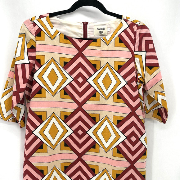 Samuji‎ Shift Dress Retro Geometric Print FR 36 US 4 Midi Mod Indie Boho Resort - Picture 3 of 11